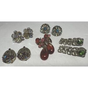VTG Lot 5 Earrings Retro Clip On Screw Backs Rhinestones Beaded Groovy